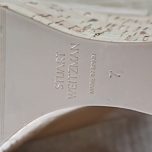 Stuart Weitzman beige patent leather cork wedge heel slingback shoes-7 - Picture 8 of 12